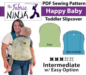 PDF Sewing Pattern Cover for Happy Baby Toddler Slipcover. White woman with dark hair with toddler on her front in a Happy Baby Toddler carrier. It is green the straps are teal.
