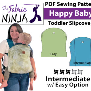 PDF Sewing Pattern Cover for Happy Baby Toddler Slipcover. White woman with dark hair with toddler on her front in a Happy Baby Toddler carrier. It is green the straps are teal.