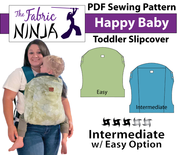 PDF Sewing Pattern Cover for Happy Baby Toddler Slipcover. White woman with dark hair with toddler on her front in a Happy Baby Toddler carrier. It is green the straps are teal. 