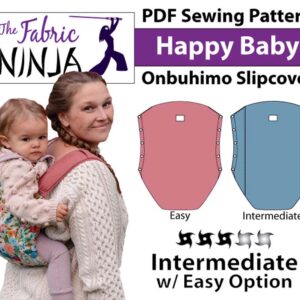 pattern envelope cover for onbuhimo slipcover pattern. white woman with dark hair wearing blond haired baby in a pink happy baby onbuhimo carrier with a flower slipcover