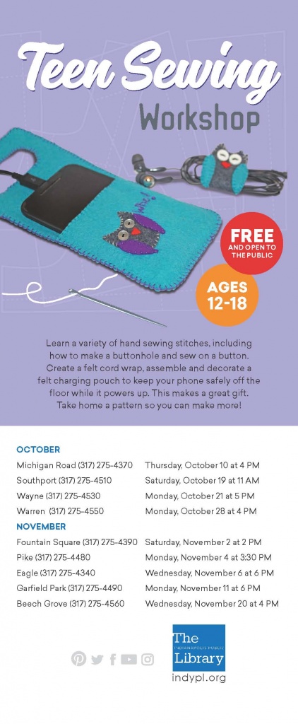 Teal phone pocket with an owl on it, and an owl cord keeper. Teen sewing workshop Free Ages 12-18