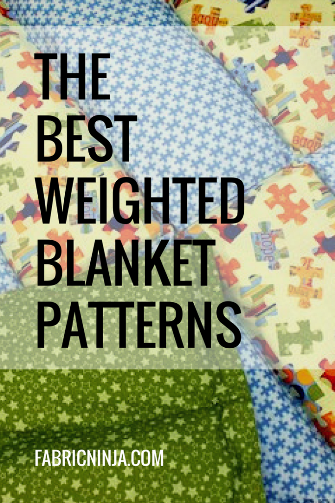 Best Weighted Blanket Patterns words covering a blanket made of rectangles with blue brick pattern and colorful puzzle pieces