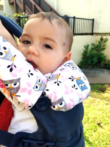 Adorable baby in the Ergo Omni 360 with DIY Bib and Drool pads made from the patterns featured on this page
