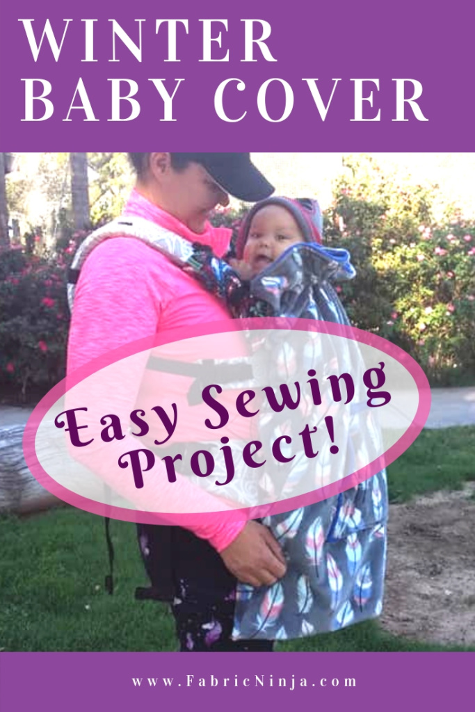 Winter baby Cover. Easy Sewing Project. Mom wearing pink athletic coat looking at smiling baby in the carrier she wears. Baby has fleece carrier cover with leaf print.