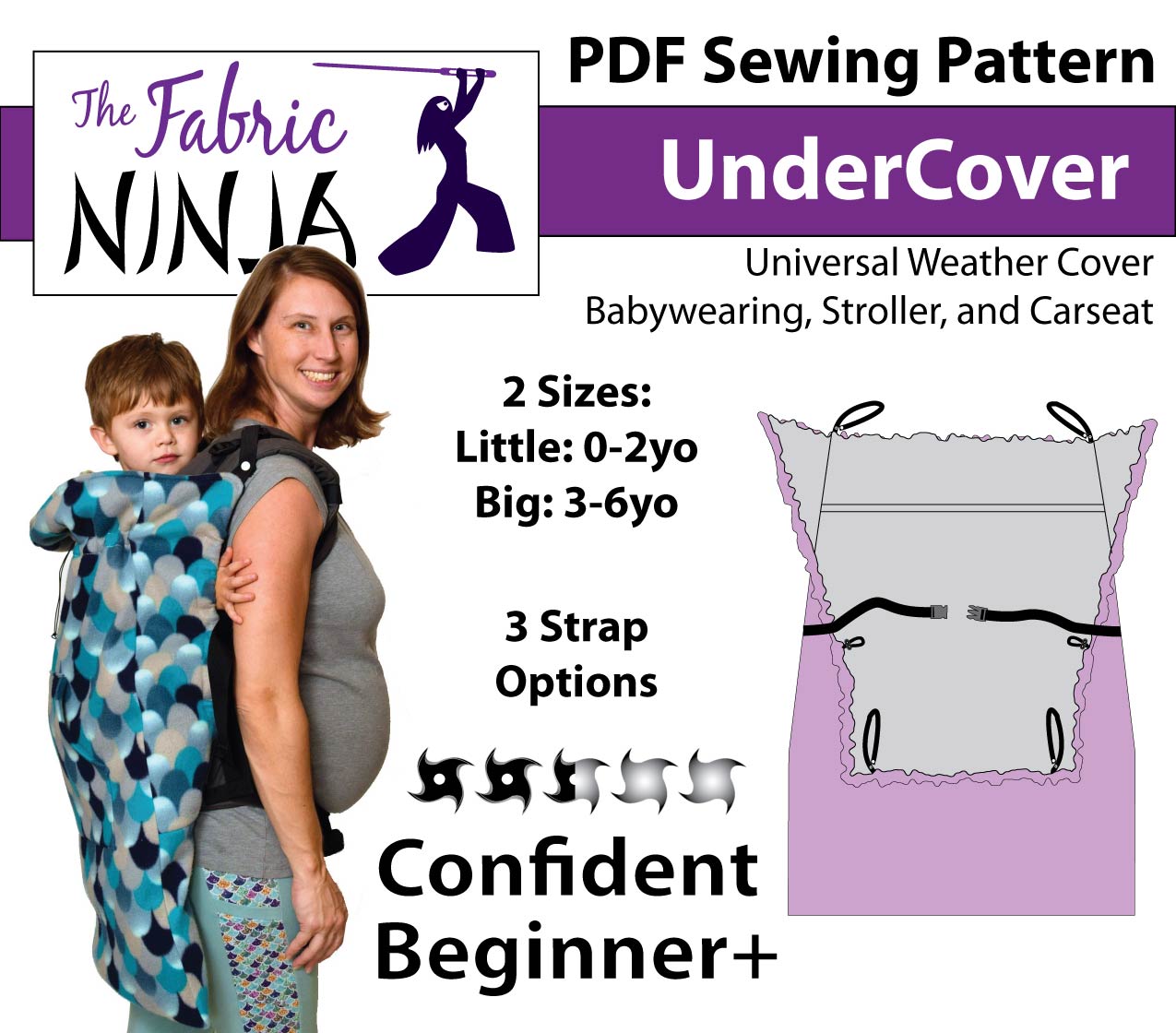 Pregnant mom wears toddler on her back who is keeping warm in the Under Cover universal weather cover. PDF Sewing Pattern for universal weather cover Babywearing, stroller, and carseat. 2 sizes: little kid and big kid. 3 strap options for confident beginner +