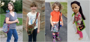 4 pictures (adult, 10yo, 3yo, and doll) wearing tote bags in different sizes. #DIYTotebag #LearntoSew #BeginnerSewing