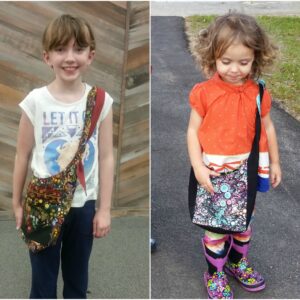 4 pictures (adult, 10yo, 3yo, and doll) wearing tote bags in different sizes. #DIYTotebag #LearntoSew #BeginnerSewing