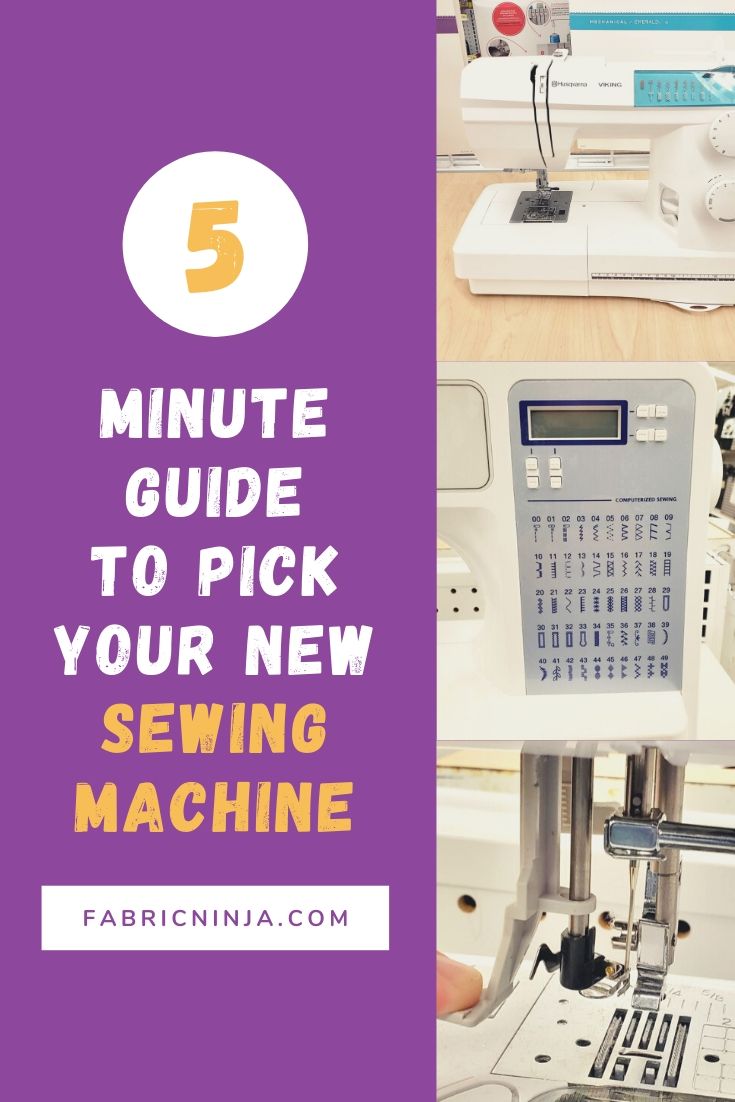 3 close up photos of sewing machines showing the buttons, needles. Purple banner on the left "5 minute guide to pick your new sewing machines"