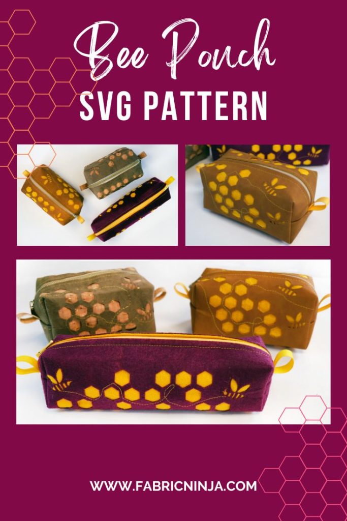 Bee Pouch SVG Pattern. Image has 3 pouches. Main foucs is Wine colored pouch with cut outs. Yellow felt is behind the cut outs to show the bee and honeycomb shapes. Smaller pouches of brown with gold in cut outs behind it.