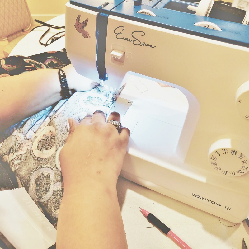 Close up of Evernsewn Sparrow 15 Sewing Machine being used by student. 