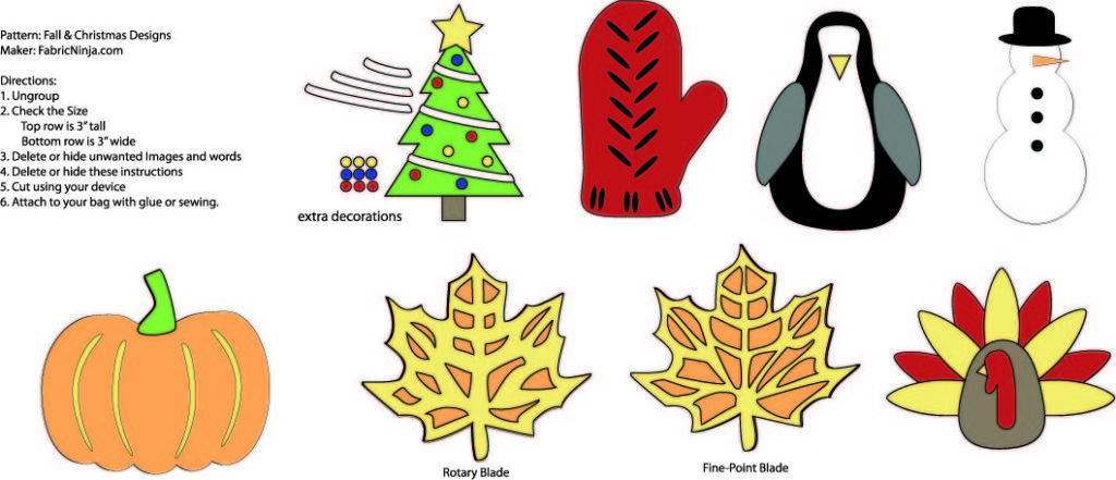 Image of free ornament shapes. Tree, mitten, leaf, pumpkin, penguin