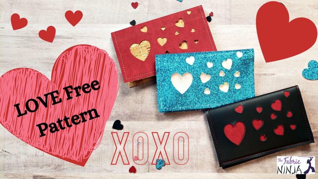 Love free pattern. 3 small wallets one red with ran hearts, one blue glitter with white hearts, and one black with red hearts.