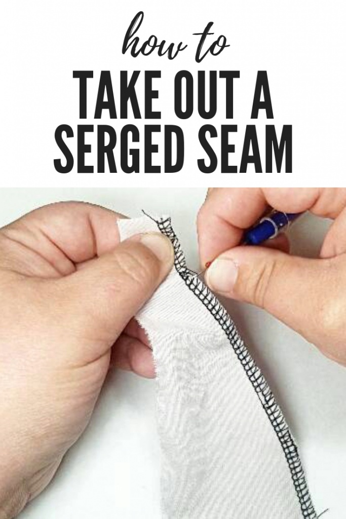 Close-up hands holding seam ripper and a piece of fabric with a serged edge. How to take out a serged seam
