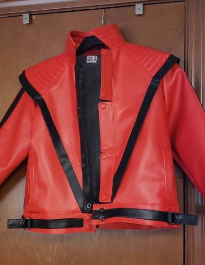 Red faux leather jacket with black V stripe pattern - reproduction Michael Jackson's thriller jacket