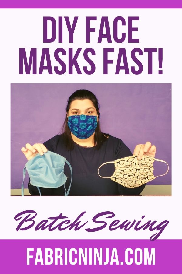 Woman wearing a mask and holding 2 masks. DIY Face Masks fast! Batch Sewing