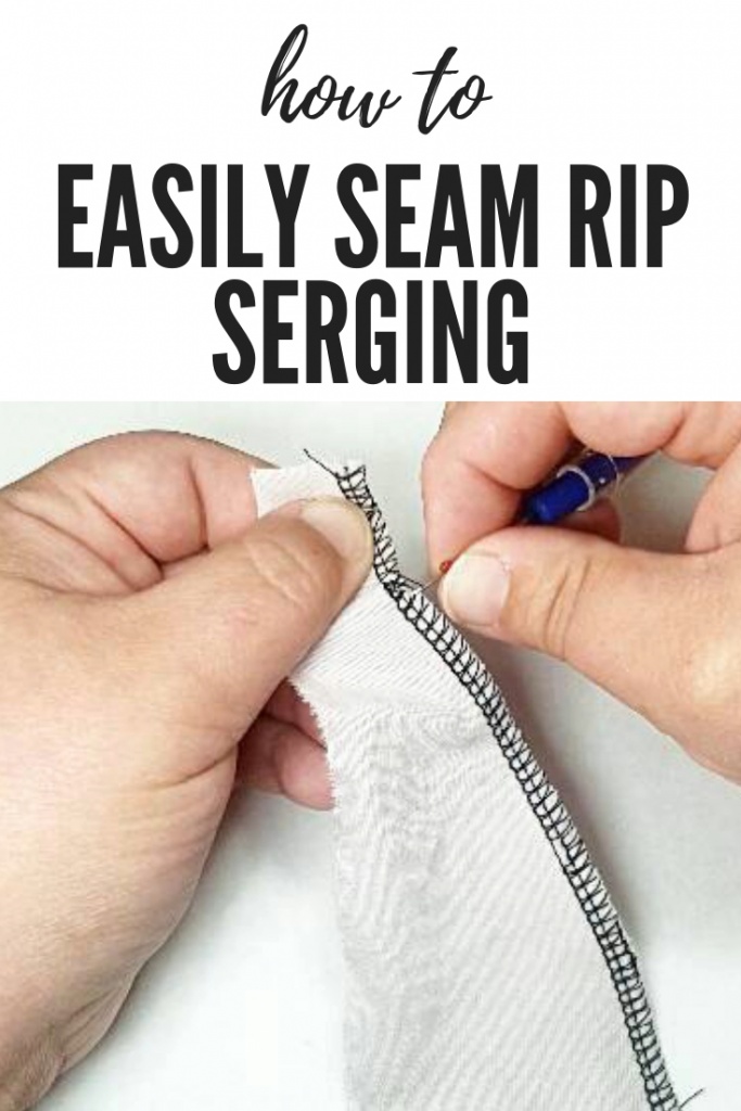 Close-up hands holding seam ripper and a piece of fabric with a serged edge. How to easily seam rip serging
