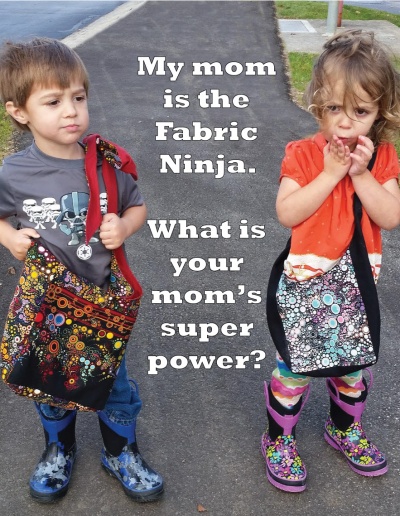 Young boy and girl (twins) wearing tote bags "My Mom is the Fabric Ninja What's your mom's super power?" #DIYTotebag #LearntoSew #BeginnerSewing