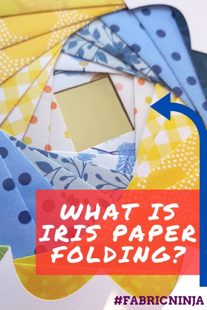 What is Iris Paper Folding? - An arrow is pointing to a shinny gold center of a swirled design in yellows and blues 