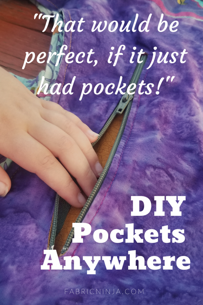 Hand entering purple zipper pocket. That would be perfect if it just had pockets. DIY Pockets Anywhere.