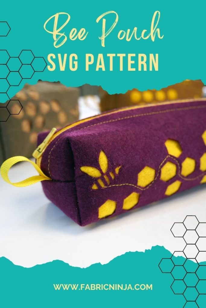 Bee Pouch SVG Pattern. Wine colored pouch with cut outs. Yellow felt is behind the cut outs to show the bee and honeycomb shapes. 