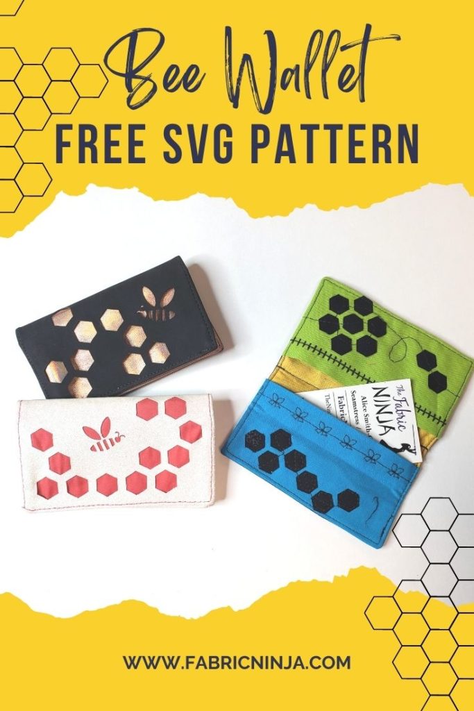 Free SVG Pattern. 3 bee themed mini wallets in black and gold, blue and green, and white and pink.