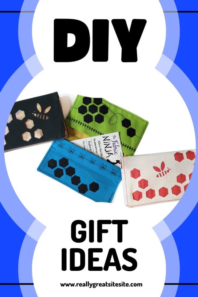 DIY Gift Ideas 3 bee themed mini wallets in black and gold, blue and green, and white and pink.