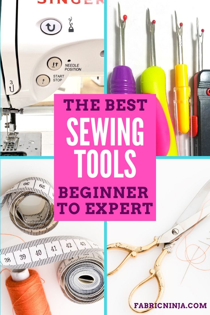 4 images of sewing tools (sewing machine, seamrippers, measuring tape, and scissors)The Best Sewing Tools Beginner to Expert