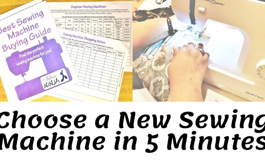 Choose a new sewing machine in 5 minutes. Purple sewing machine workbook and hands sewing.