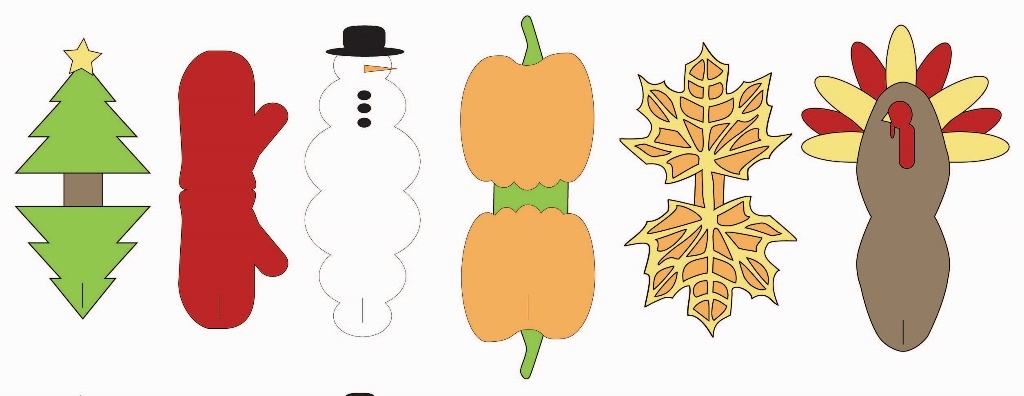 Fall and Christmas themed cord keepers. Tree, mitten, snowman, pumpkin, leaf, and turkey