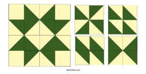 Half Square triangle quilt blocks in green and tan. - Ohio star, pinwheel, etc.