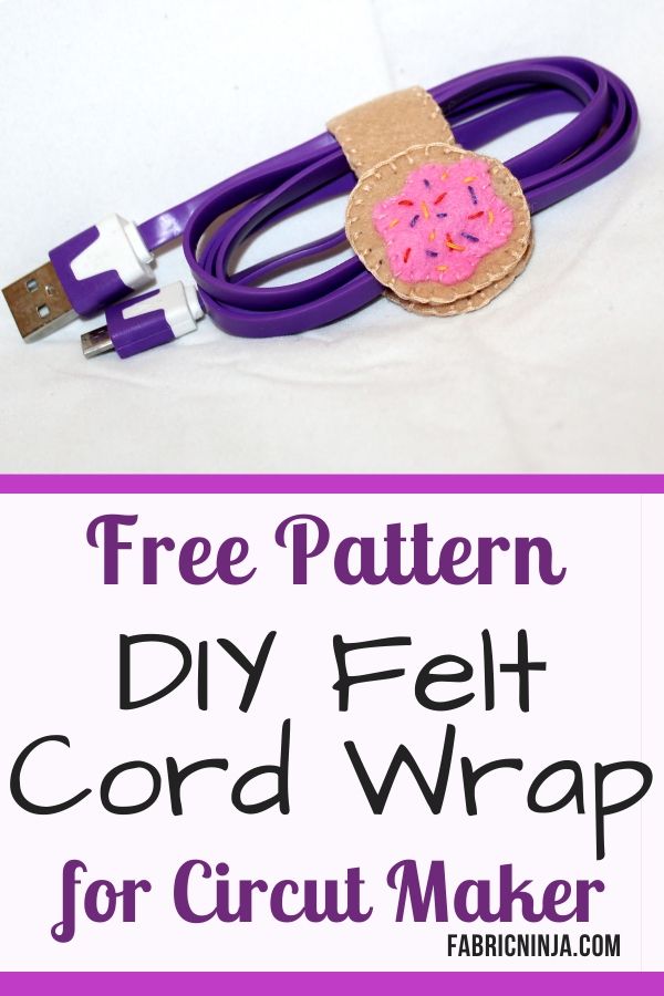A tan felt donut cord wrap with pink icing and sprinkles around a purple cord. Free Pattern DIY felt Cord Wrap for Cricut Maker