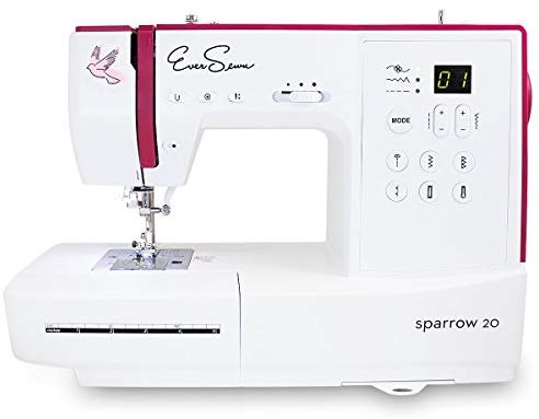 sewing machine with white body and dark pin accents Eversewn Sparrow 20