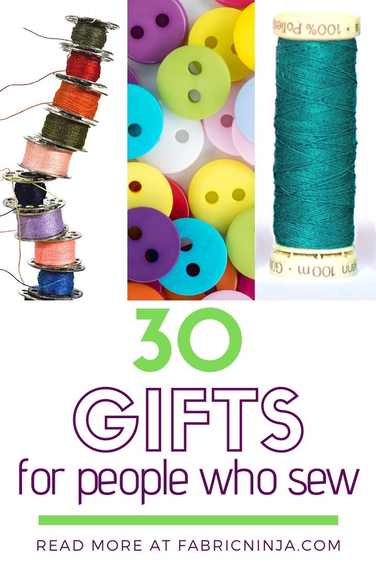 A large stack of sewing machine bobbins, buttons and thread. 30 gifts for people who sew