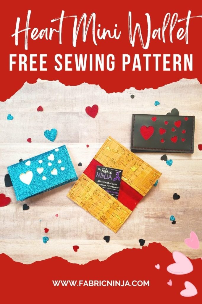 Free Sewing Pattern. 3 small wallets one red with tan hearts which is open to show the card pockets. One is blue glitter with white hearts, and one is black with red hearts.