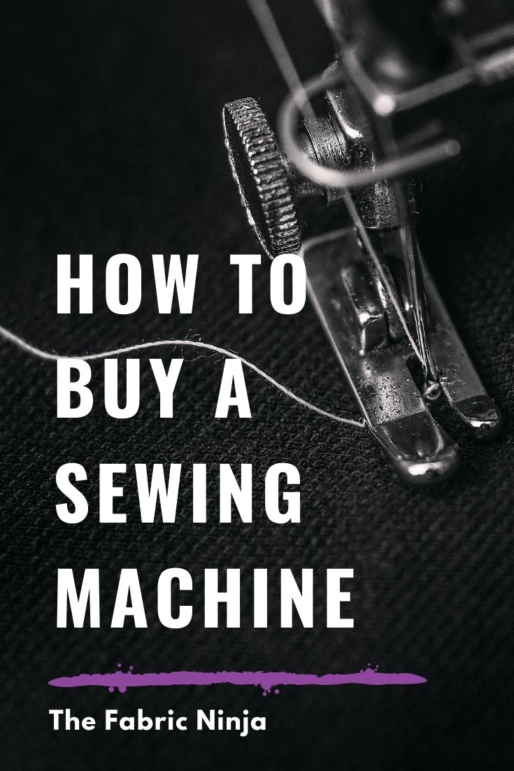 White text "How to buy a sewing machine" on back background with closeup of metal sewing machine foot