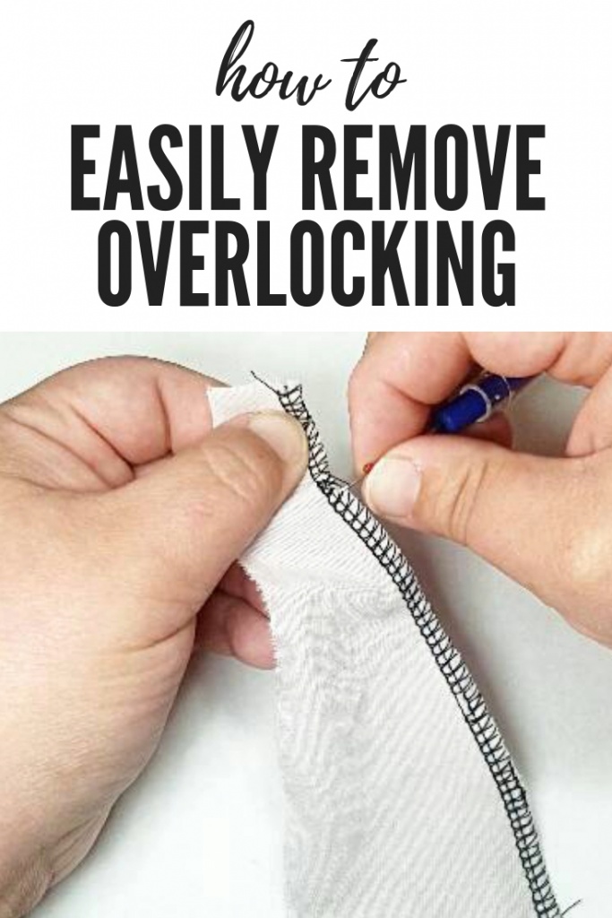 Close-up hands holding seam ripper and a piece of fabric with a overlocked edge. How to easily remove overlocking