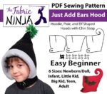 Young boy wearing pointed fleece hood with pom pom on the end. PDF Sewing Pattern. Just Add Ears Hood. Easy Beginner. 6 sizes