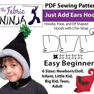 Young boy wearing pointed fleece hood with pom pom on the end. PDF Sewing Pattern. Just Add Ears Hood. Easy Beginner. 6 sizes