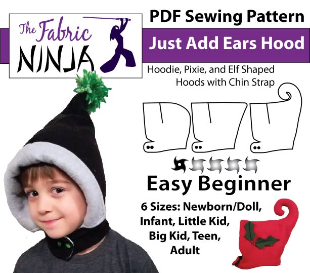 Young kid wearing pointed pixie hood smiles. Just add Ears Hood Easy Beginner 6 sizes (newborn/doll to large adult) 3 shapes hoodie, pixie, elf.