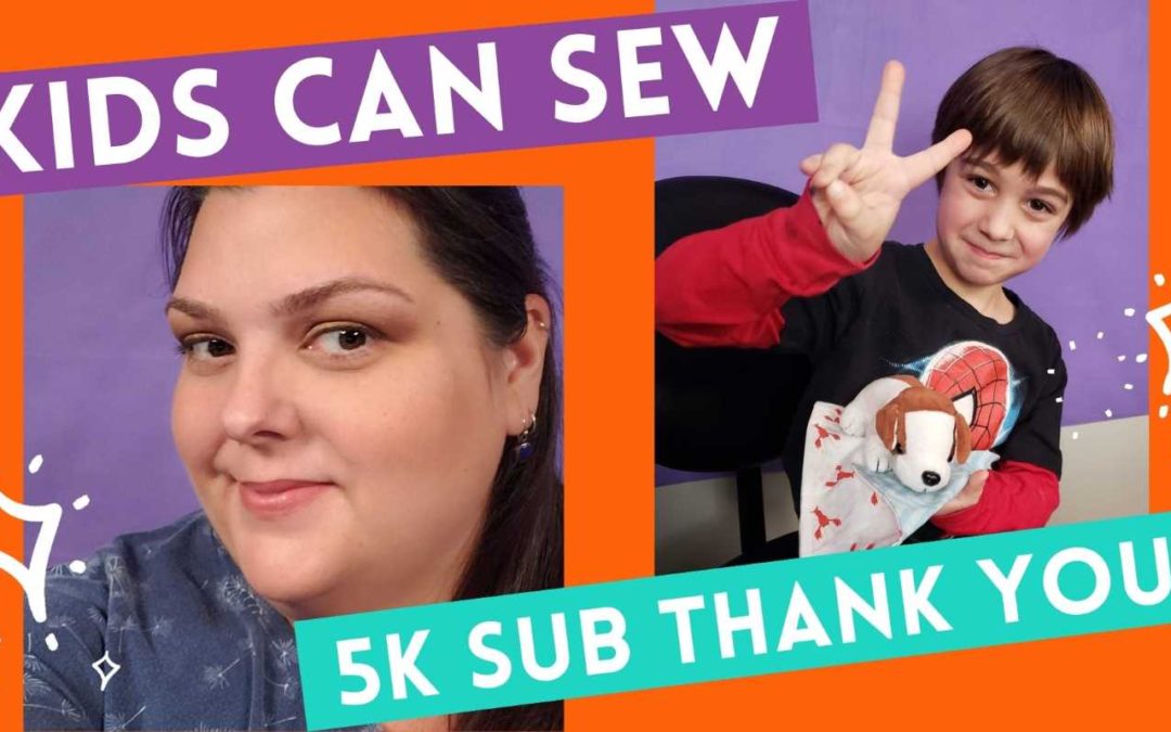 kids can sew. 5k sub thank you. Image of woman wearing blue and young boy giving the peace sign holding a stuffed animal toy dog. and his sewing project