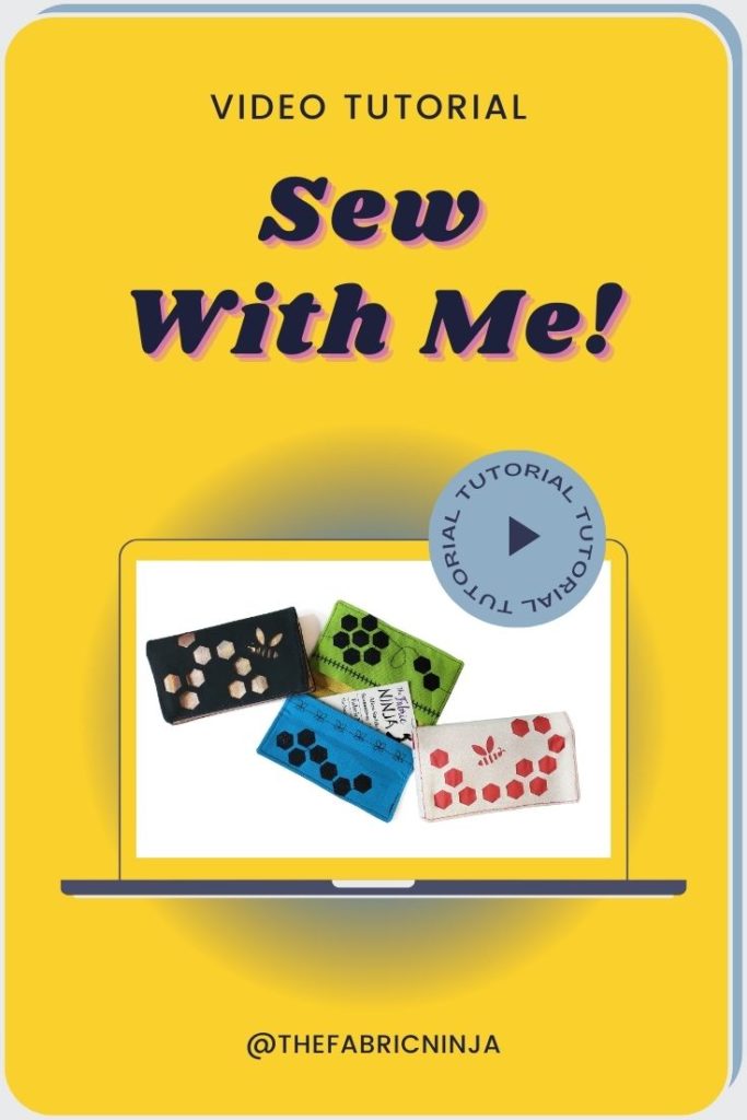 Sew with me video tutorial. 3 bee themed mini wallets in black and gold, blue and green, and white and pink.