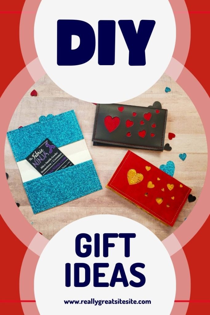 DIY Gift Ideas. 3 small wallets one red with tan hearts which is open to show the card pockets. One is blue glitter with white hearts, and one is black with red hearts.