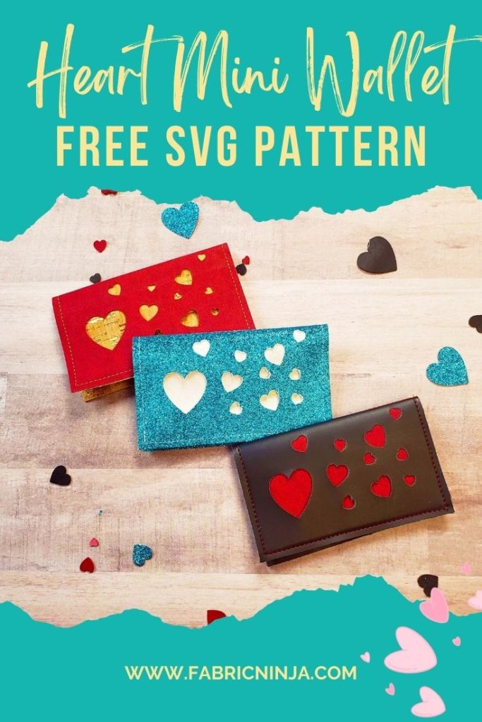 Love free pattern. 3 small wallets one red with tan hearts, one blue glitter with white hearts, and one black with red hearts.