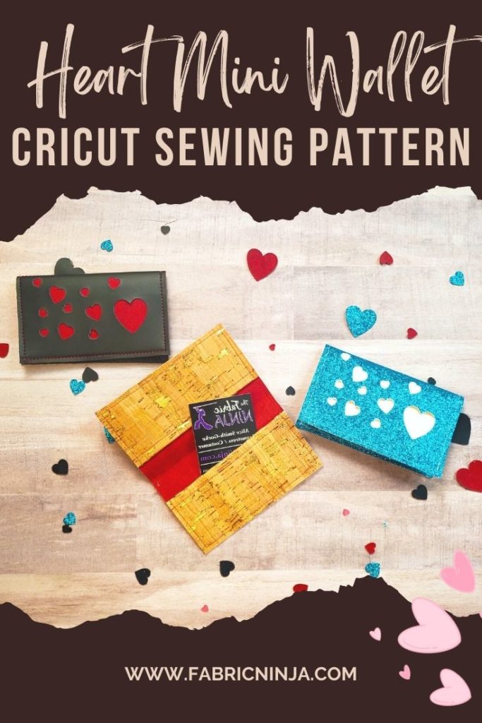 Circut Sewing Pattern. 3 small wallets one red with tan hearts which is open to show the card pockets. One is blue glitter with white hearts, and one is black with red hearts.