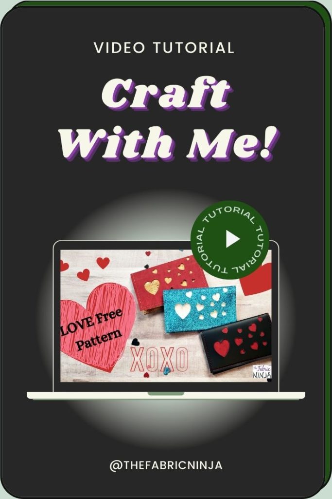 Craft with me. Love free pattern. 3 small wallets one red with tan hearts, one blue glitter with white hearts, and one black with red hearts.