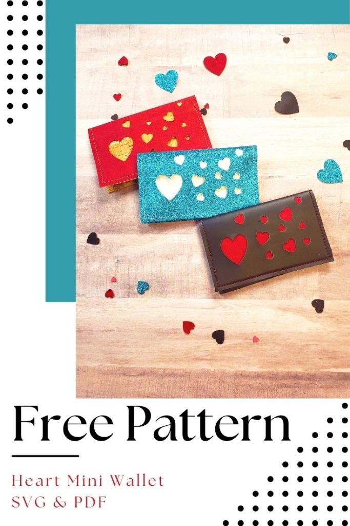 Free Pattern: 3 small wallets one red with tan hearts, one blue glitter with white hearts, and one black with red hearts.