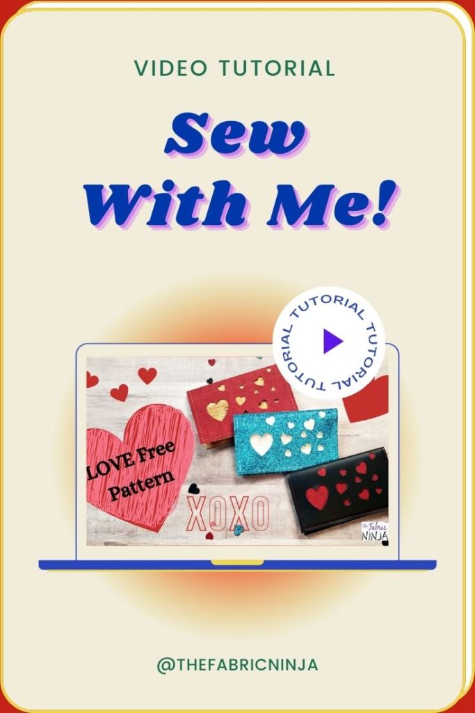 Sew with me! Love Free Patterns. 3 small wallets one red with tan hearts, one blue glitter with white hearts, and one black with red hearts.