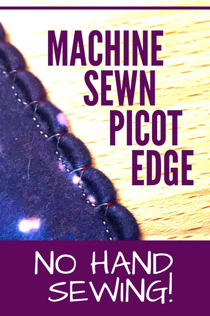 dark blue fabric with scalloped edge. Machine sewn picot edge. No hand sewing