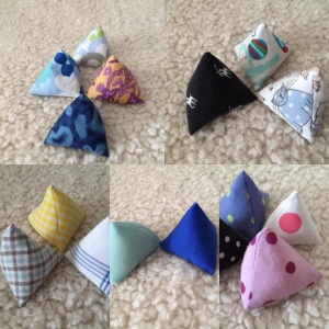 a collage of photos showing pyramid shaped pattern weights in various fabrics.