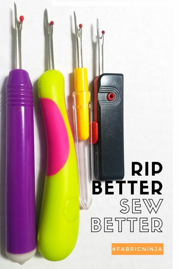 Rip Better Sew Batter. Four different looking colorful seam rippers lined up.